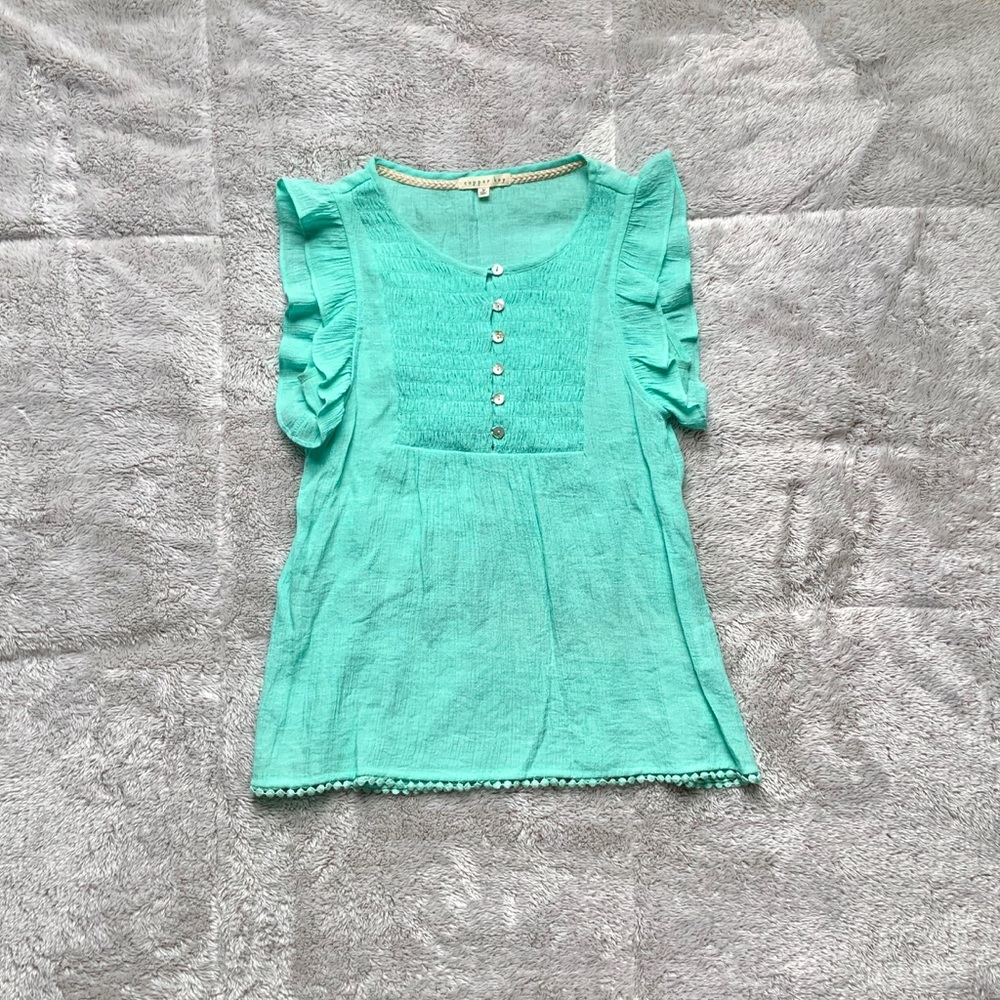 Turquoise Button Down Ruffled Sleeve Top - Picture 2 of 7